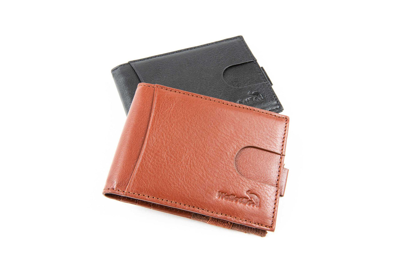 Pull Tab Front Pocket Leather RFID Wallet w/Outer ID Black or Whiskey