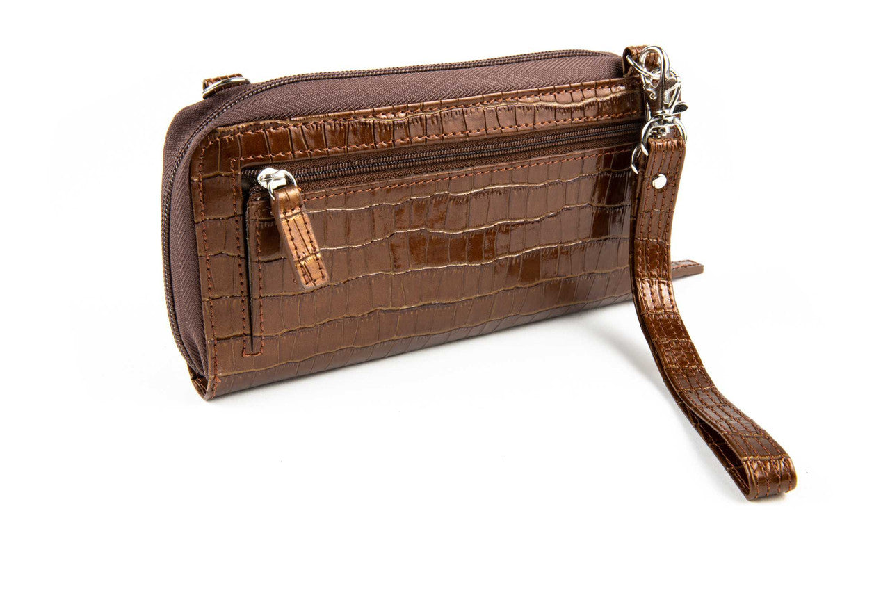 Walletbe Double Accordion RFID Croco Leather Wallet Wristlet